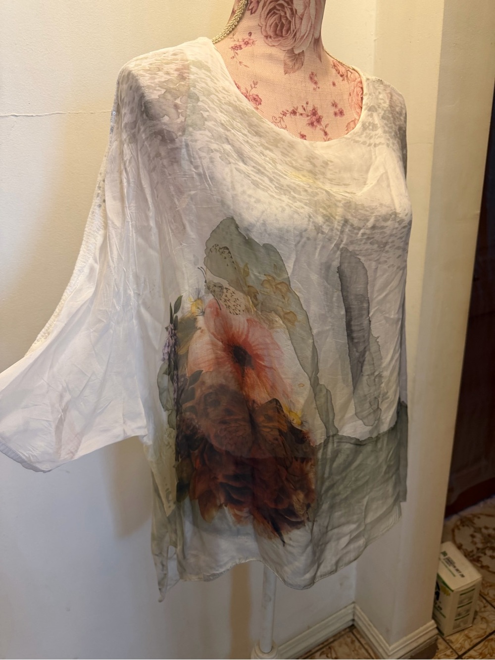 Zara White Sheer Floral Tunic with Olive and Rust Blooms